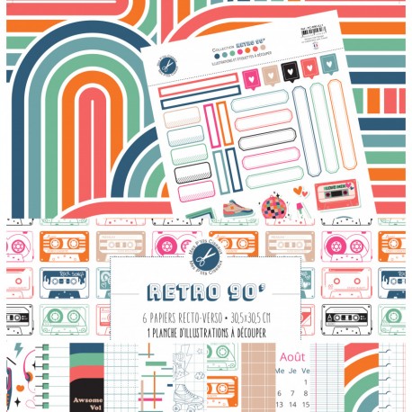 PC-R90-COL   MES P'TITS CISEAUX COLLECTION RETRO 90' 6 papiers R/V 1 planche A4 à découper