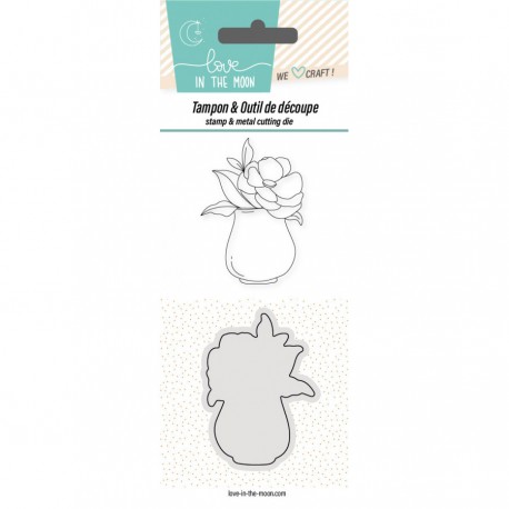 DUO-SD-08   LOVE IN THE MOON PLANCHE DUO MATRICE ET TAMPON VASE ET CAMÉLIA