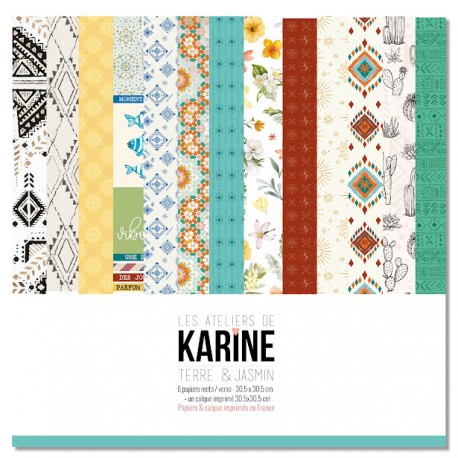KAC4208   LES ATELIERS DE KARINE TERRE ET JASMIN  6 FEUILLES + 1 CALQUE IMPRIMÉ