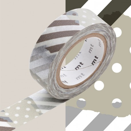 MT MASKING TAPE 15mm x 10m MOTIF POIS RAYURES MIX GRIS TSUGIHAGI